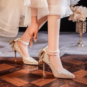Zapatos de Novia con Tacón de Aguja, Punta en Pico, Brillantes, con Correa en el Tobillo y Lazo, Super Altos, 8 cm o Más - Product Image 4