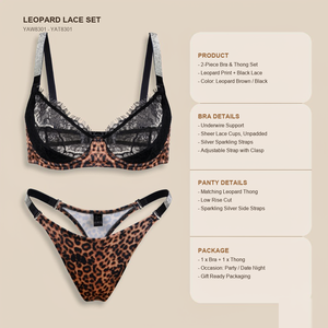 Completo Intimo Sexy in Raso con Stampa Leopardata e Pizzo, <span class=keywords><strong>Reggiseno</strong></span> con Ferretto e Coppe Trasparenti, Spalline <span class=keywords><strong>Argento</strong></span> Scintillanti, Due Pezzi - Product Image 6