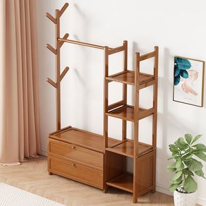 Cintres épais en bois massif Supports de rangement pour manteaux et chapeaux sur pied avec tiroirs Armoires de rangement pour chambre à coucher - Product Image 3