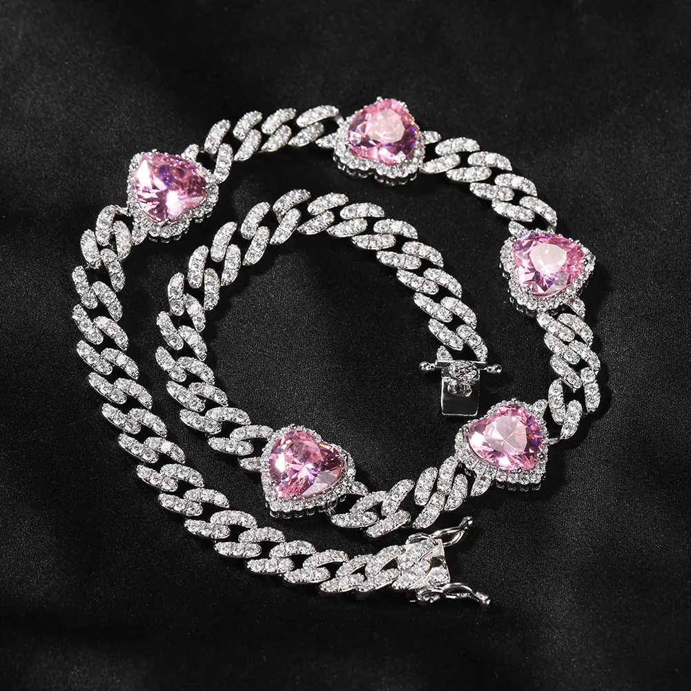 Estilo moderno Hip Hop clavícula cadena cubana corazón Rosa amor colgante cristal mujeres cobre collar