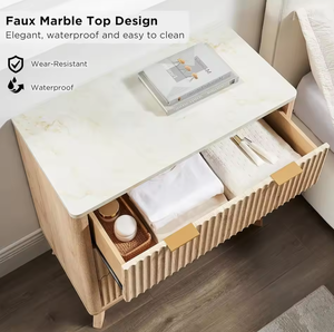 طاولة جانبية من خشب البلوط الطبيعي صديقة للبيئة بتصميم محزز، طراز منتصف القرن العصري، طاولة تخزين بثلاثة أدراج لغرفة النوم وغرفة المعيشة وغرفة الطعام - Product Image 4