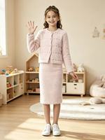 Ensemble 2 pièces en fourrure orné de strass de haute qualité, robe midi sans manches à col rond + veste courte à manches longues, costume d'hiver