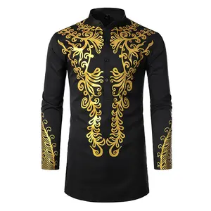 Chemises habillées africaines dorées polies Tunique longue Mode pour hommes Impression Boutonnée Haut de marié Vêtements à col montant Noir Plus Size