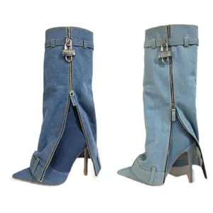 Shimol sepatu bot lutut untuk wanita, sepatu bot hiu Denim kunci logam dengan hak tinggi 43 ukuran desainer mewah modis 2024