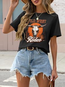 Camisetas Vaqueras Vintage para <span class=keywords><strong>Mujer</strong></span>, Camiseta con Gráfico de Calavera de Vaca, <span class=keywords><strong>Botas</strong></span> de Vaquero, Rodeo, Música Country, Tops de Manga Corta de Algodón - Product Image 3