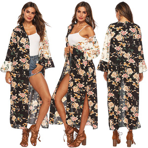 Áo Kimono Đi Biển Màu Đen 2021 Họa Tiết Hoa Nhiệt Đới Thường Ngày Cho Nữ Dài Phong Cách Boho Đầm Kimono Đi Biển Xẻ Tà Mặc Bikini - Product Image 1