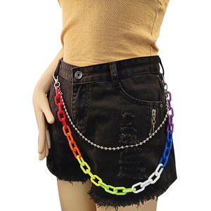 Cadena de cintura de resina arcoíris Yueli, cadena de cintura de metal de doble capa, estilo punk hip hop, cadena corporal unisex de moda, material de aleación de zinc. - Product Image 1