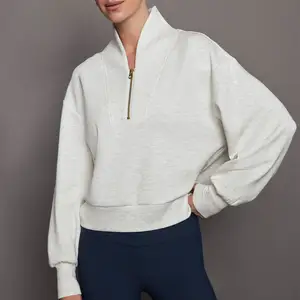 Lounge wear comfy rayon cotton half zipper long sleeve stand neck women pullover fleece zip up sweatshirt jumper