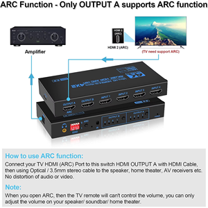 สวิตช์เมทริกซ์ <span class=keywords><strong>HDMI</strong></span> 2.0 4 เข้า 2 ออก 4K60Hz 18Gbps HDCP2.2 พร้อม <span class=keywords><strong>ARC</strong></span> Audio Extractor EDID IR Remote ตัวแยกวิดีโอ 3D HDR - Product Image 3
