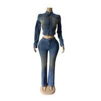 GX88662 Nouvelle Collection 2025 – Ensemble 2 Pièces Tendance pour Femme : Veste en Jean à Manches Longues avec Fermeture Éclair et Jean Assorti