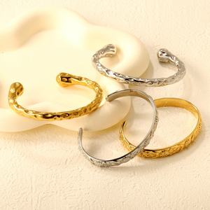 Elegant Jewelry Trend Waterproof Women 18K <b>Gold</b> <b>Plated</b> Stainless Steel Fashion Texture Geometric Open Cuff <b>Bangle</b> Bracelet - Product Image 1