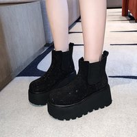 Bottines Chelsea à plateforme en strass pour femme, noires en PU, à enfiler, semelle épaisse en caoutchouc, chaudes pour l'hiver, logo personnalisé, vente en gros