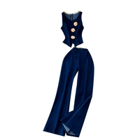 Ensemble en jean d'été pour femme : débardeur sans manches à boutons métalliques et pantalon taille haute à jambes larges – Tenue décontractée
