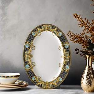 Assiettes à dîner simples en porcelaine dorée bohème de gros pour restaurant, diamètre 40 cm, ellipse, noir et or - Product Image 4