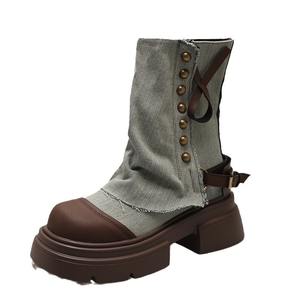 Botas Vaqueras Midi de Lona Retro de Moda Otoño-Invierno 2026, con Suela Gruesa Antideslizante - Product Image 1