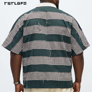 T-shirts pour hommes de haute qualité, personnalisés, vintage, color-block, OEM/ODM, bords bruts, patchwork pied-de-poule, style streetwear - Product Image 3