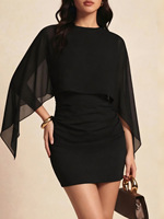Robe de cocktail vintage moulante pour femme, collection automne-hiver 2026, avec manches cape transparentes et col rond, style minimaliste, marque privée