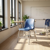 Chaise d'école avec tablette d'écriture intégrée sous le siège, porte-livres en treillis métallique, structure en acier gris, idéale pour bibliothèque, salle de lecture, bureau