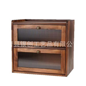 Wooden Double Layer Bread Box Flip Top Glass Lid <b>Kitchen</b> Storage Cabinet For Bread Pastry Dessert Shandong Made - Product Image 5