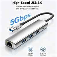 5 in 1 USB C Hub Gigabit Ethernet 3 USB 3.0 Tipe C PD Aluminium Braided Plug Play untuk MacBook Dell HP Laptop Desktop
