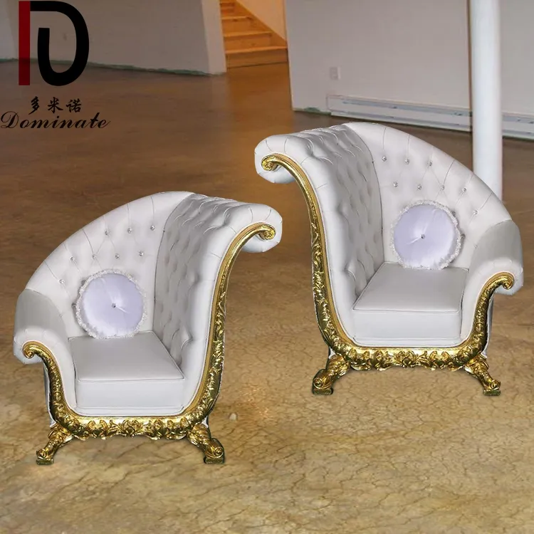 Silla con forma de concha de brazo de cuero blanco de lujo, para boda, Hotel, silla trono de oro