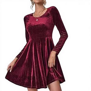 Robe midi élégante évasée automne-hiver, nouvelle collection en velours, col rond, manches longues, motif uni, taille naturelle - Product Image 1