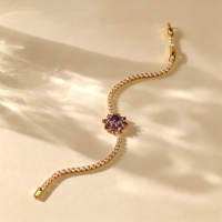 Bracelet pour femme en alliage de cuivre plaqué or 18 carats, fleur violette en zircon cubique, élégant, délicat, empilable, tendance