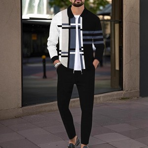 Completo Sportivo da <span class=keywords><strong>Uomo</strong></span> Stile Vintage, Giacca <span class=keywords><strong>Slim</strong></span>-<span class=keywords><strong>fit</strong></span> con Zip e Tasche, Tessuto Lavorato a Maglia con Motivo Stampato - Product Image 3