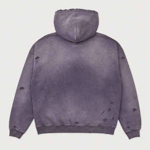 เสื้อฮู้ดดี้ผ้าฝ้าย 450GSM แบบสั่งทำพิเศษ สีม่วงซีดแบบซันเฟด ล้างสีแบบมัดวอช ทรงบ็อกซี่ ผ้าเฟรนช์เทอร์รี่ แต่งดีเทลขาดๆ แบบวินเทจ สไตล์สตรีทแวร์สำหรับผู้ชาย - Product Image 2