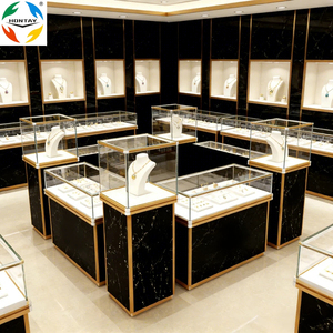 Vitrine de présentation de bijoux de luxe en verre trempé éclairé par LED, en marbre noir de haute qualité, robuste, pour l'intérieur des magasins - Product Image 2