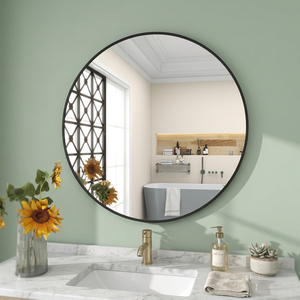 Specchio da Parete di Lusso 80 cm in Vetro Nero con Cornice in Alluminio, Design Moderno Nordico per Arredamento Soggiorno, Stile Classico Nordico per Hotel - Product Image 2
