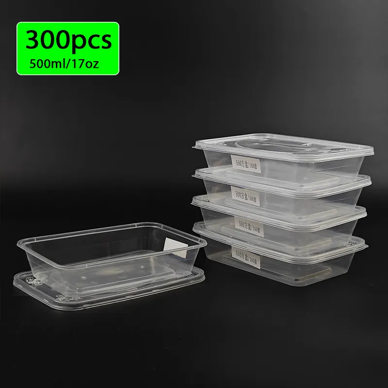 300pcs 500ml17oz食品容器プラスチック容器蓋付きボックス電子レンジ持ち帰り用ランチボックス透明な長方形のボックス