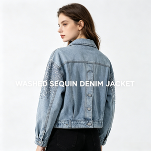 Veste en jean à sequins pour femme, coupe oversize, style boyfriend, épaules tombantes, effet délavé, ornée de perles - Product Image 6
