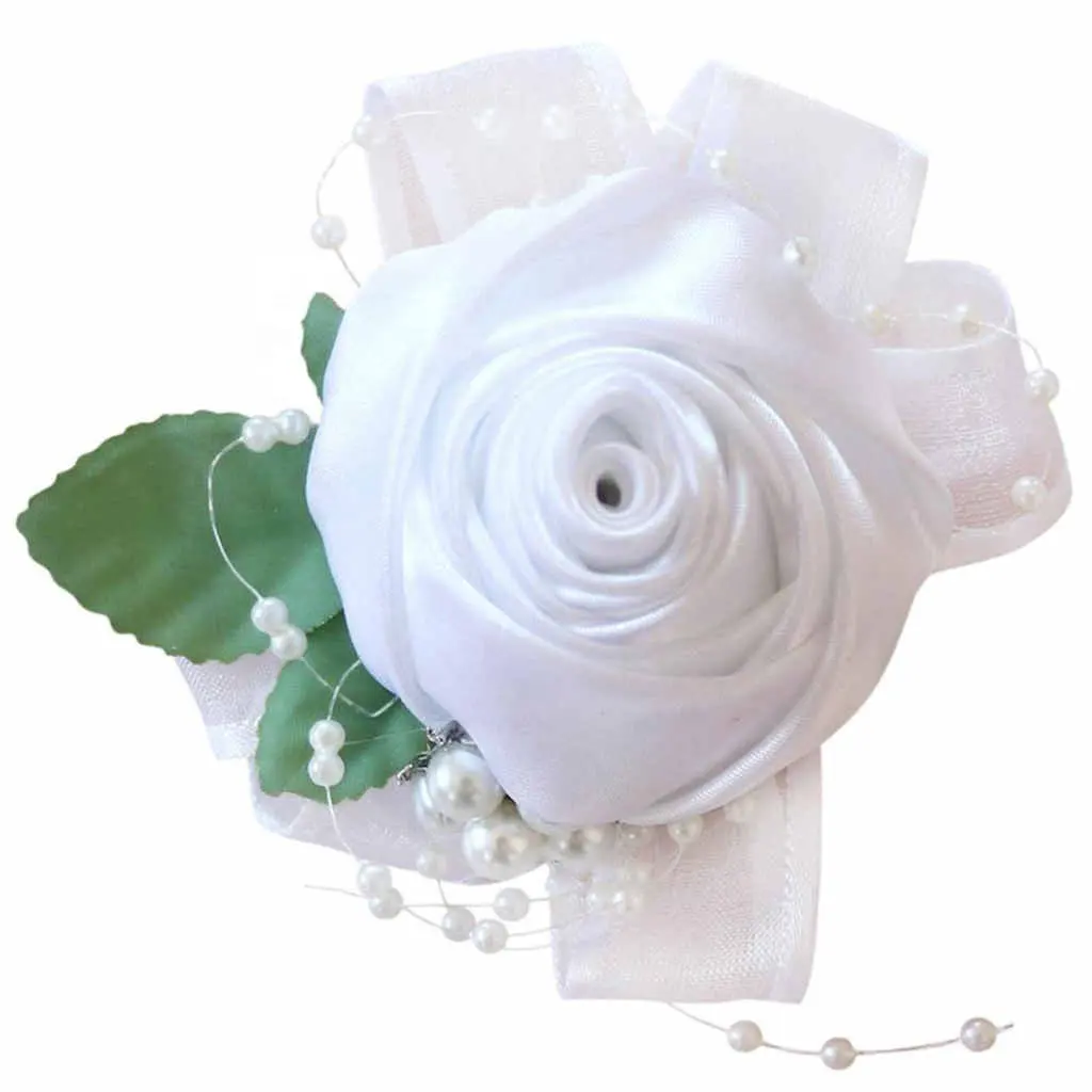 Mooie Pols Corsage Bridal Bruidsmeisje Parels Bladeren Rekbare Armband Wedding Prom Party Rose Hand Bloem