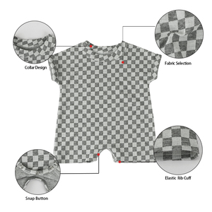 Ropa de Bebé Recién Nacido con Estampado de Tablero de Ajedrez a Cuadros, Mono de Manga Corta, Venta al Por Mayor de Fábrica - Product Image 5