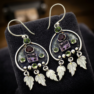 Pendientes Colgantes Geométricos Tibetanos Vintage de Plata 925 con Amatista y Piedras Verdes, Diseño de Hoja, Religiosos, para Mujer, Joyería de Fiesta - Product Image 3