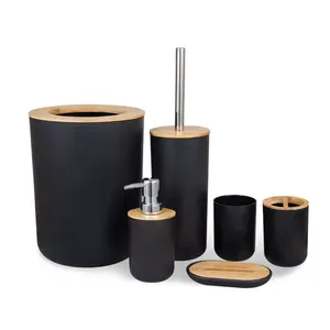 Light Luxury Bamboo Wooden Bathroom Set Washbasin Countertop Toiletries Plastic Toilet Brush Trash Can Wholesale