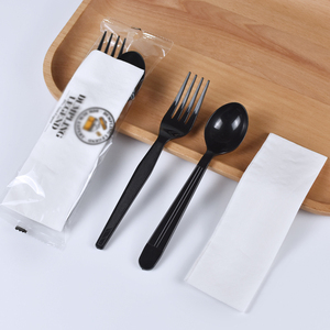 disposable plastic cutlery set fork spoon and napkin in OPP bag for restaurant logo