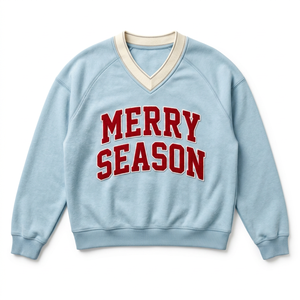 Women's Light Blue V Neck Sweatshirt Merry Season Print <b>Long</b> <b>Sleeve</b> Knitted Cotton Winter Casual Holiday <b>Top</b> - Product Image 1