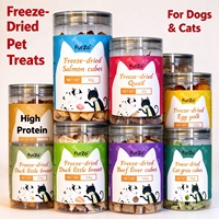 Friandises lyophilisées pour animaux de compagnie, saveurs variées, riches en protéines, pour chiens et chats : caille, saumon, canard, foie de bœuf, jaune d'œuf, herbe pour chats. Vente en gros usine, OEM.