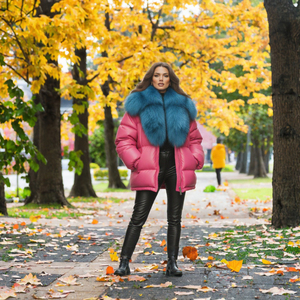 Chaqueta acolchada rosa para mujer con cuello de piel de zorro, abrigo grueso con cremallera, ropa de abrigo cálida para invierno, longitud media - Product Image 3