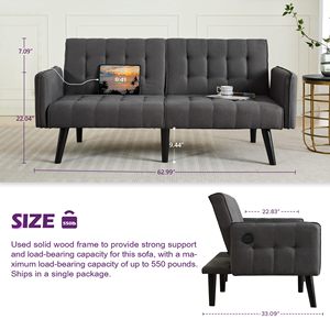 Divano <span class=keywords><strong>Letto</strong></span> Futon Convertibile con USB, Imbottito e Trapuntato, Piccolo Divano Pieghevole Regolabile, Moderno Stile Mid-Century - Product Image 2