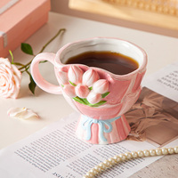 LIVEFUN Tasse en céramique classique écologique et sûre de 360 ml, ensemble cadeau, motif tulipe artisanal, articles ménagers exquis pour café et thé