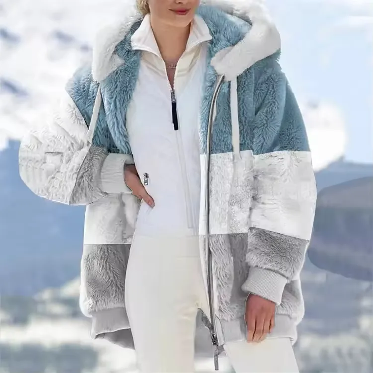 OEM individuelle Damenmode Farbe Block warme Mäntel lässig flauschig Kapuzenfleece Sherpa-Jaketen