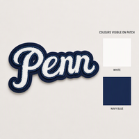 Patch brodé en chenille personnalisé en gros |   Patch Lettres Bleues et Blanches |   Finition en satin |   Fabricant de patchs OEM
