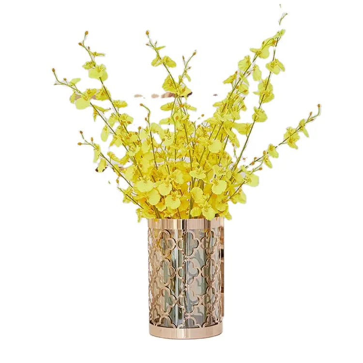 Metal vazo Modern düğün masa Centerpieces vazo altın Vaso De Metal Para Flores silindir Metal cam çiçek dekorasyonu vazo