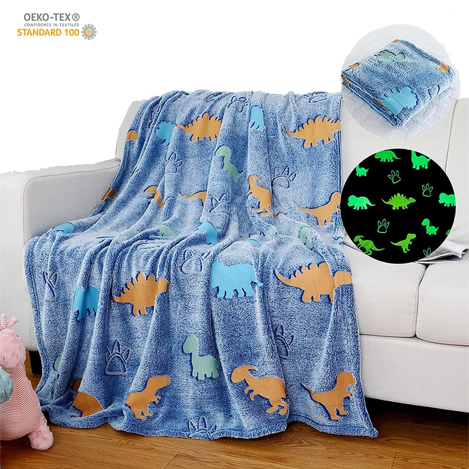 Wholesale Super Soft Flannel Throw Blanket Magic Luminous Printed Baby Blanket Blue Dinosaur Glow In The Dark Blanket For Kids