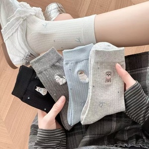 OEM Custom Logo Women <b>Socks</b> Embroidered Animal Puppy Kitten Bow Breathable Knitted Crew <b>Socks</b> High Quality Wholesale - Product Image 3