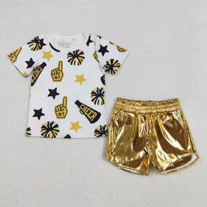 T-shirt a maniche corte con stampa Cheer per bambine e pantaloncini in pelle lucida, 2 pezzi, abiti estivi - Product Image 5