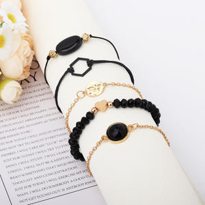 Beaded Bracelets <b>Set</b> Rose <b>Gold</b> Plated Geometric Black Stone Women's Fashion Jewelry Gift - Product Image 2